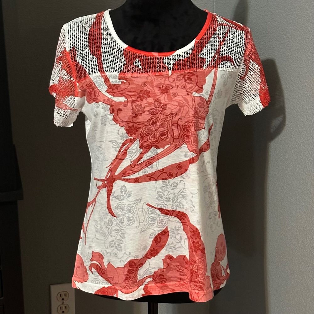 Vintage Ness Top Medium Overlay Graphic Tee Fairy‎ Grunge Red White Floral